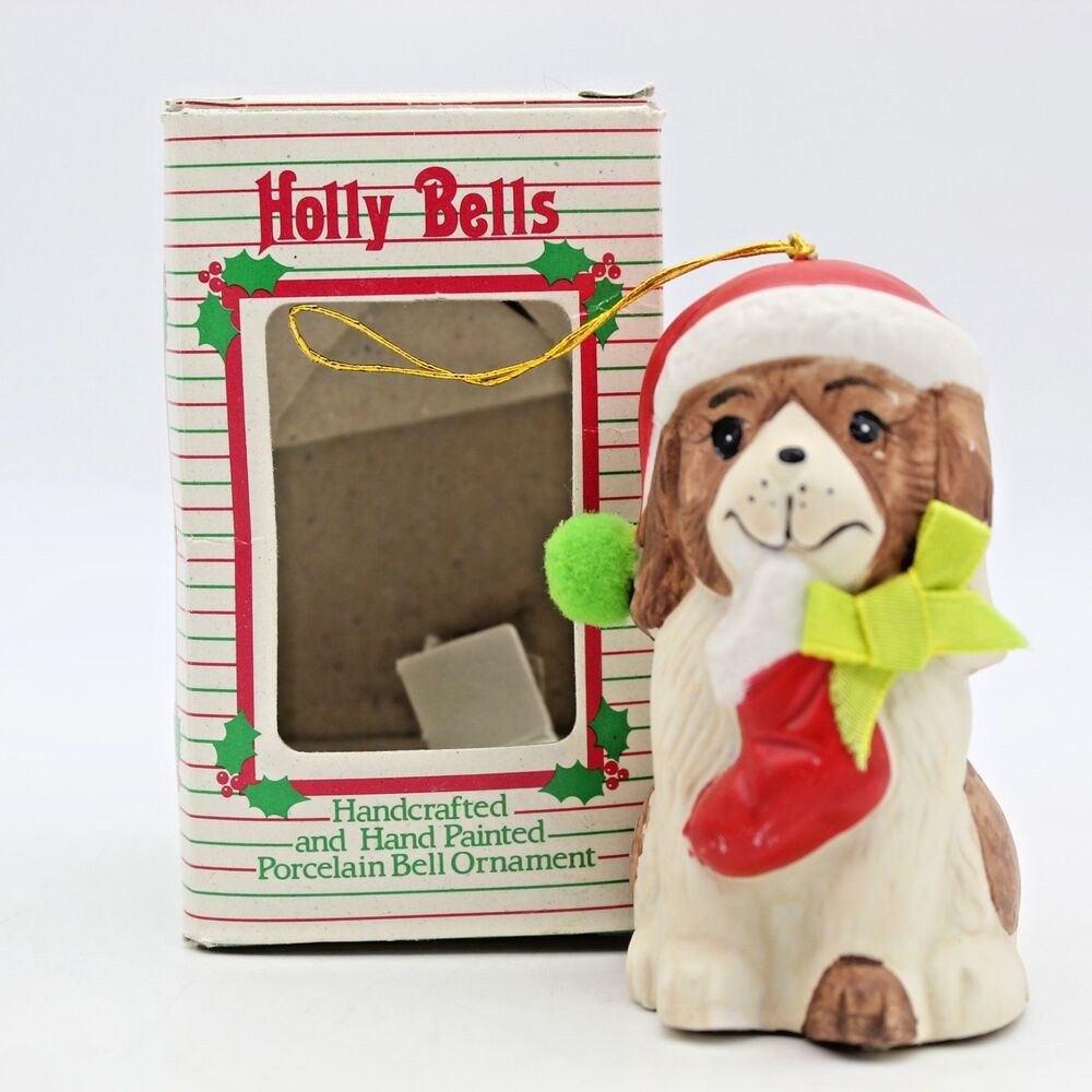 Holly Bells Porcelain Puppy Dog Bell Ornament Vintage 1986 Original Box a
